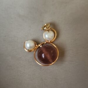 Gold Pearl and Brown Glass Cabochon Women’s Pendant